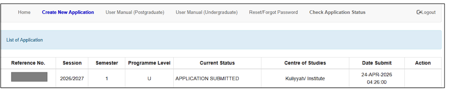 Status Aplikasi IIUM Submitted